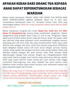 APAKAH HIBAH DARI ORANG TUA KEPADA ANAK DAPAT DIPERHITUNGKAN SEBAGAI WARISAN